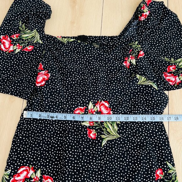 Suzanne Betro Black Floral Polka Dot Puff Sleeve Wrap Dress XL / 1950s Homemaker - Picture 11 of 16